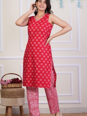 Red Sleeveless V Neck Block Print Kurti Pant Set Indian Cotton Salwar Kameez Set Summer Dress