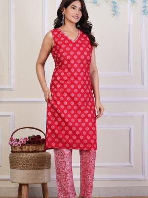 Red Sleeveless V Neck Block Print Kurti Pant Set Indian Cotton Salwar Kameez Set Summer Dress