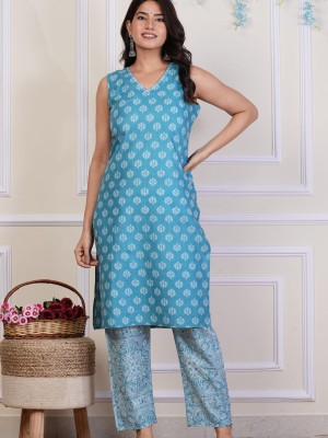 Light-Blue Sleeveless V Neck Block Print Kurti Pant Set Indian Cotton Salwar Kameez Set Summer Dress