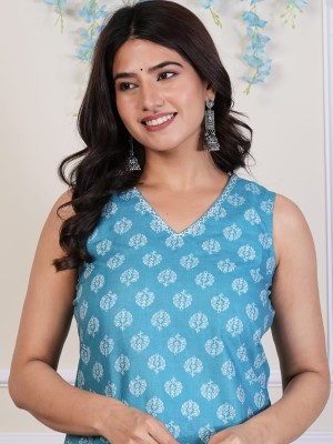 Light-Blue Sleeveless V Neck Block Print Kurti Pant Set Indian Cotton Salwar Kameez Set Summer Dress