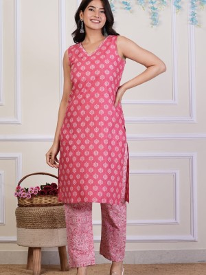 Pink Sleeveless V Neck Block Print Kurti Pant Set Indian Cotton Salwar Kameez Set Summer Dress