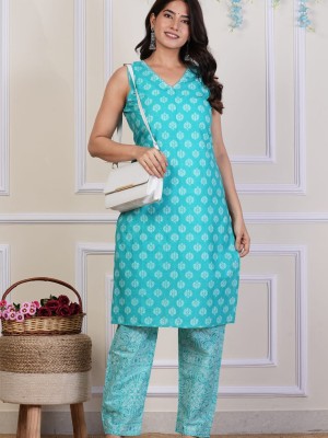 Turquoise Sleeveless V Neck Block Print Kurti Pant Set Indian Cotton Salwar Kameez Set Summer Dress