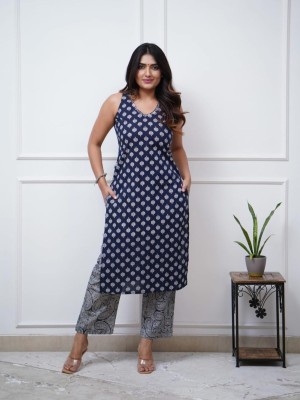 Navy Blue Sleeveless V Neck Block Print Kurti Pant Set Indian Cotton Salwar Kameez Set Summer Dress