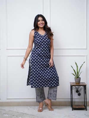 Navy Blue Sleeveless V Neck Block Print Kurti Pant Set Indian Cotton Salwar Kameez Set Summer Dress