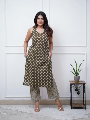 Green Sleeveless V Neck Block Print Kurti Pant Set Indian Cotton Salwar Kameez Set Summer Dress