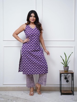 Purple Sleeveless V Neck Block Print Kurti Pant Set Indian Cotton Salwar Kameez Set Summer Dress