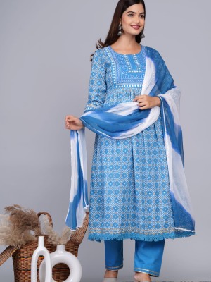 Blue Nayra Cut Style Cotton Kurti Pant Dupatta Set Indian Embroidered Salwar Kameez Suit