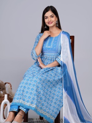 Blue Nayra Cut Style Cotton Kurti Pant Dupatta Set Indian Embroidered Salwar Kameez Suit