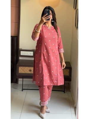 Ishika Peach Polka Dot Straight Kurti Pant Set Embroidered Salwar Kameez for Women