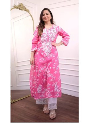 Pink Floral Embroidered Straight Kurti Pant Set Cotton Salwar Kameez for Women