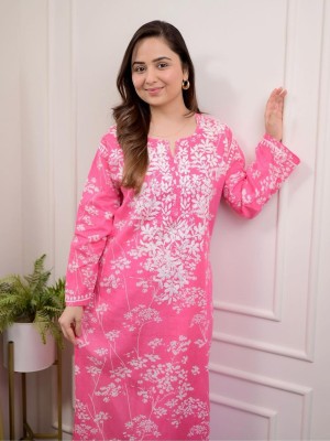 Pink Floral Embroidered Straight Kurti Pant Set Cotton Salwar Kameez for Women