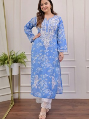 Blue Floral Embroidered Straight Kurti Pant Set Cotton Salwar Kameez for Women