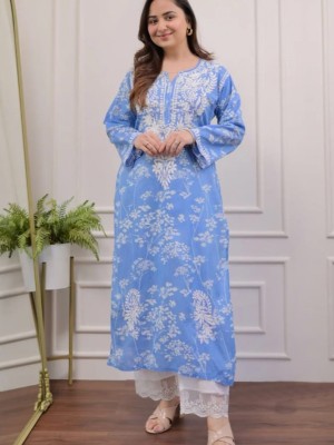 Blue Floral Embroidered Straight Kurti Pant Set Cotton Salwar Kameez for Women