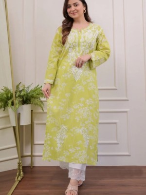 Green Floral Embroidered Straight Kurti Pant Set Cotton Salwar Kameez for Women