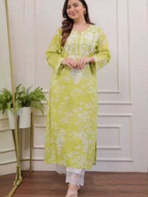 Green Floral Embroidered Straight Kurti Pant Set Cotton Salwar Kameez for Women