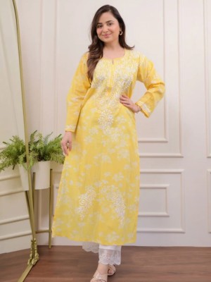 Yellow Floral Embroidered Straight Kurti Pant Set Cotton Salwar Kameez for Women