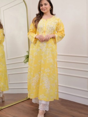 Yellow Floral Embroidered Straight Kurti Pant Set Cotton Salwar Kameez for Women