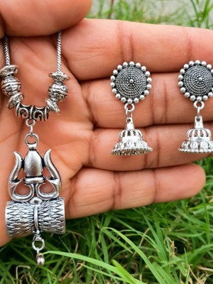 Lord Shiva Trishul & Damaru Shaped Pendent Oxidized Necklace Chain Set with Jhumka