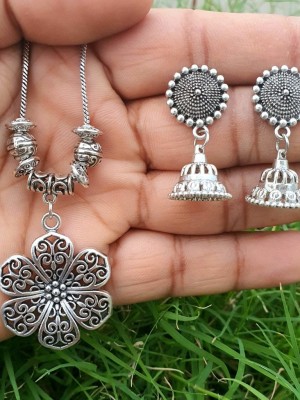 Flower Shaped Pendent Oxidized Silver Necklace Chain Set with Jhumka