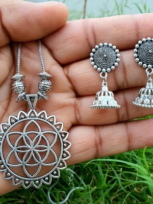 Round Mandala Chakra Shaped Pendent Oxidized Silver Necklace Chain Set with Jhumka