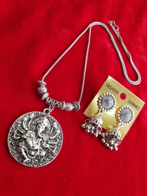 Hindu Lord Ganesha Pendant Necklace Earring Set Women Silver Plated Oxidized Chain