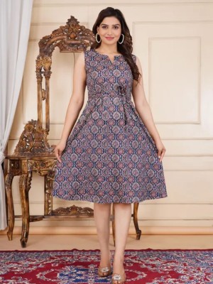 Blue Sleeveless Office Wear Ajrakh Print Middi Gown Frock Style Kurti Dress for Women