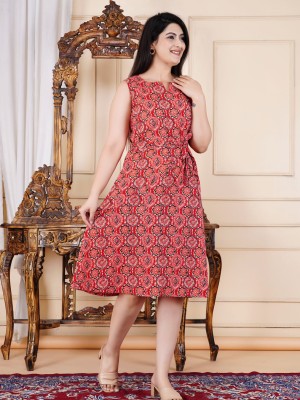 Red Sleeveless Office Wear Ajrakh Print Middi Gown Frock Style Kurti Dress for Women