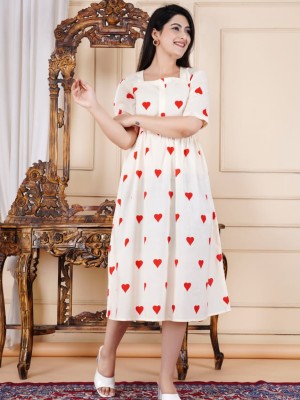 Ivory White Office Wear Heart Printed Middi Gown Frock Style Kurti Dress for Women