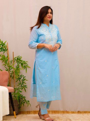 Blue Embroidered Straight Kurti Pant Set Cotton Salwar Kameez for Women