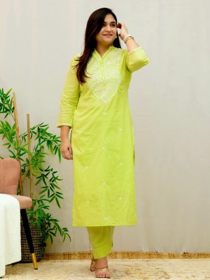 Yellow Embroidered Straight Kurti Pant Set Cotton Salwar Kameez for Women