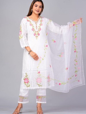 White Schiffli Embroidered Indian Straight Salwar Kameez with Organza Dupatta Kurti Pant Set Online Kurta Set for Women