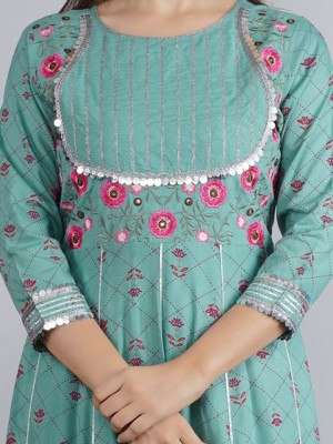 Teal Green Embroidered Indian Frock Style Anarkali Salwar Kameez Kurti Pant Set Online