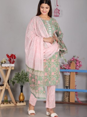 Plus Size Green Hand Work Embroidered Indian Straight Salwar Kameez Kurti Pant Set Online Kurta Set for Women
