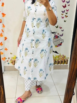 Classy White Block Printed Indian Readymade Aline Salwar Kameez Kurti Pant Co-Ord Set for Women