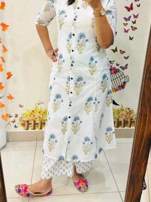 Classy White Block Printed Indian Readymade Aline Salwar Kameez Kurti Pant Co-Ord Set for Women