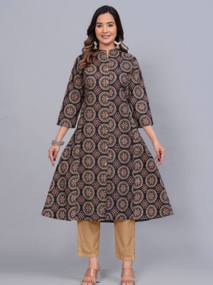 Black Ajrakh Print Front Slit Long Straight Cotton Kurti Casual Top Tunic for Women