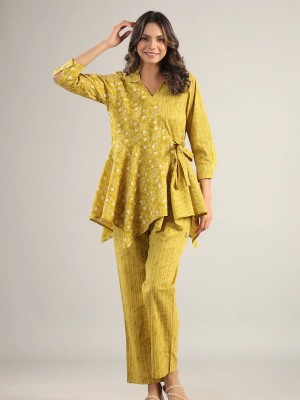 Yellow Floral Print Angrakha Style V-Neck Frock Style Cotton Kurti pant Co Ord Set