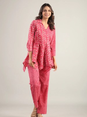 Pink Floral Print Angrakha Style V-Neck Frock Style Cotton Kurti pant Co Ord Set