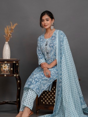 Blue Embroidered Hand Sequin Work Indian Straight Salwar Kameez Kurti Pant Set Online Kurta Set for Women