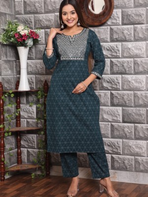 Midnight Navy Blue Cotton Embroidered Printed Straight Salwar Kameez Suit Dress Kurti Pant Set