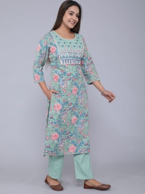 Light Grey Green Cotton Embroidered Printed Straight Salwar Kameez Suit Dress Kurti Pant Set
