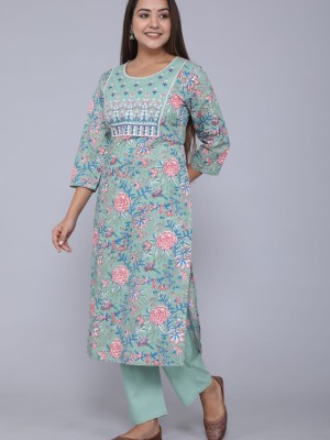 Light Grey Green Cotton Embroidered Printed Straight Salwar Kameez Suit Dress Kurti Pant Set