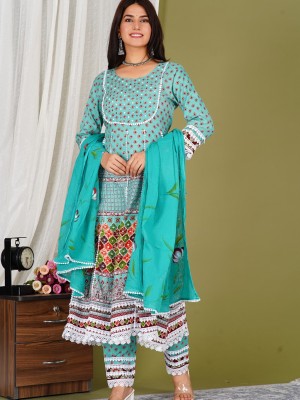 Turquoise Green Indian Frock Style Floral Anarkali Salwar Kameez Kurti Pant Dupatta Set Online