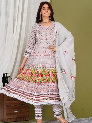 Grey Indian Frock Style Floral Anarkali Salwar Kameez Kurti Pant Dupatta Set Online