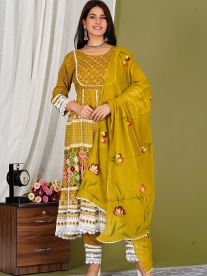 Mustard Yellow Indian Frock Style Floral Anarkali Salwar Kameez Kurti Pant Dupatta Set Online