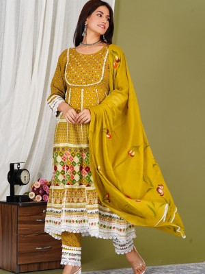 Mustard Yellow Indian Frock Style Floral Anarkali Salwar Kameez Kurti Pant Dupatta Set Online