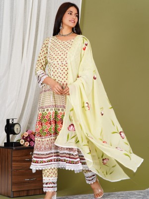 Light Yellow Indian Frock Style Floral Anarkali Salwar Kameez Kurti Pant Dupatta Set Online