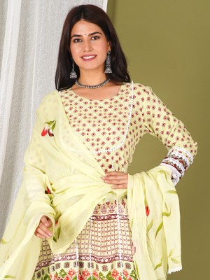 Light Yellow Indian Frock Style Floral Anarkali Salwar Kameez Kurti Pant Dupatta Set Online
