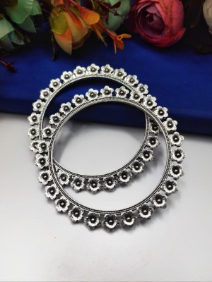 Silver Oxidized Finish Bangles Flower Design Tribal Jewellery Kada Bangles Set for Women
