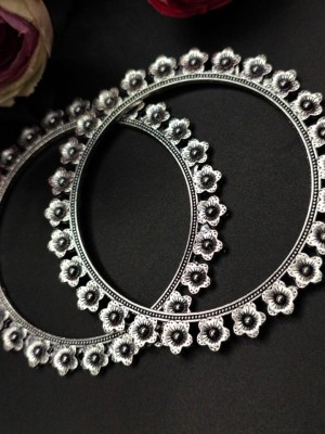 Silver Oxidized Finish Bangles Flower Design Tribal Jewellery Kada Bangles Set for Women